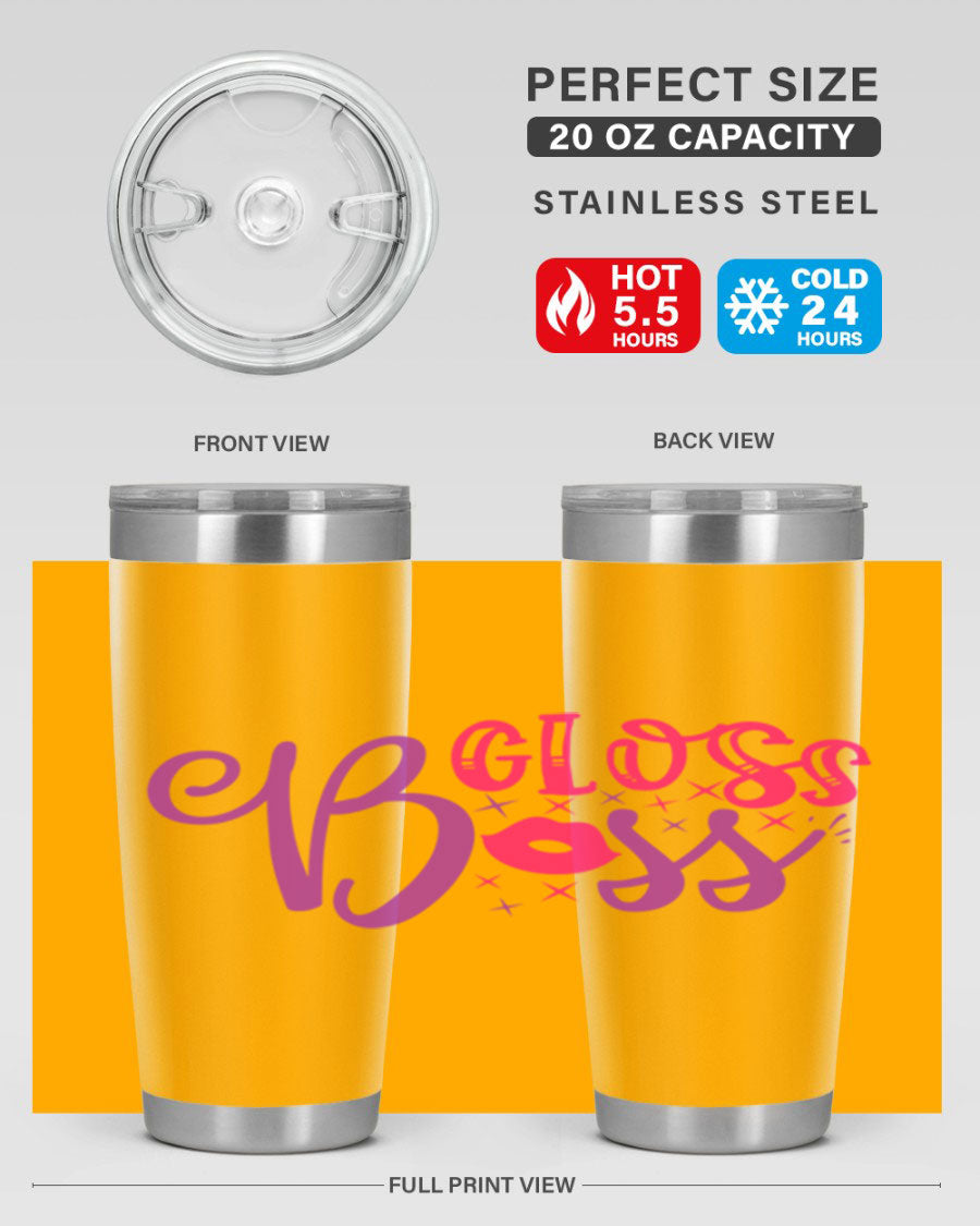 Gloss Boss Style 236# 20oz Tumbler in stainless steel with a sleek design and drink-thru lid, perfect for hot and cold beverages.