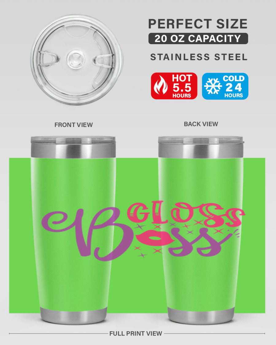 Gloss Boss Style 236# 20oz Tumbler in stainless steel with a sleek design and drink-thru lid, perfect for hot and cold beverages.