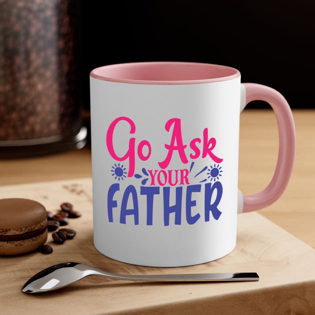 Go ask your father 407# Mug with colorful handle and interior, showcasing a glossy finish and comfortable grip.