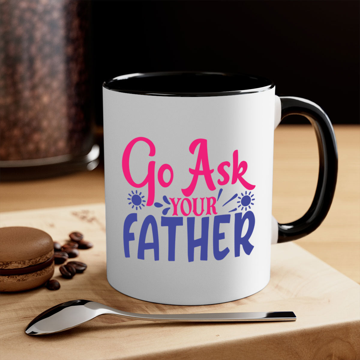 Go ask your father 407# Mug with colorful handle and interior, showcasing a glossy finish and comfortable grip.