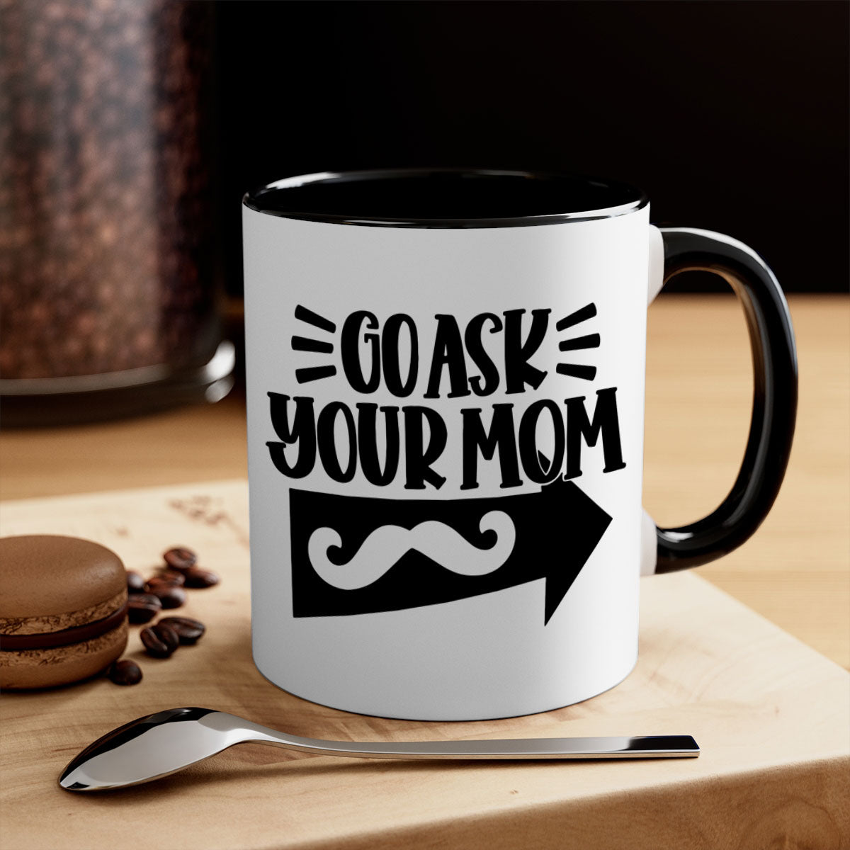 A stylish two-tone go ask your mom 50# Mug with a colored handle and glossy finish, available in multiple colors and sizes.