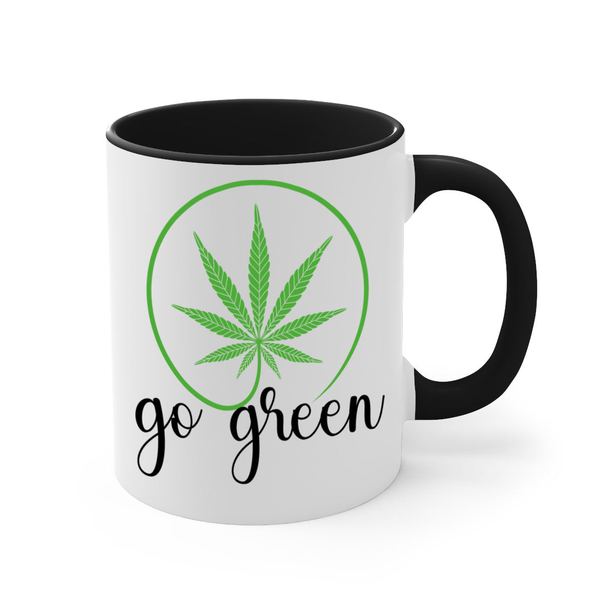 Go Green Cannabis 92# Mug featuring a two-tone design with a colored handle and glossy finish, available in multiple colors.