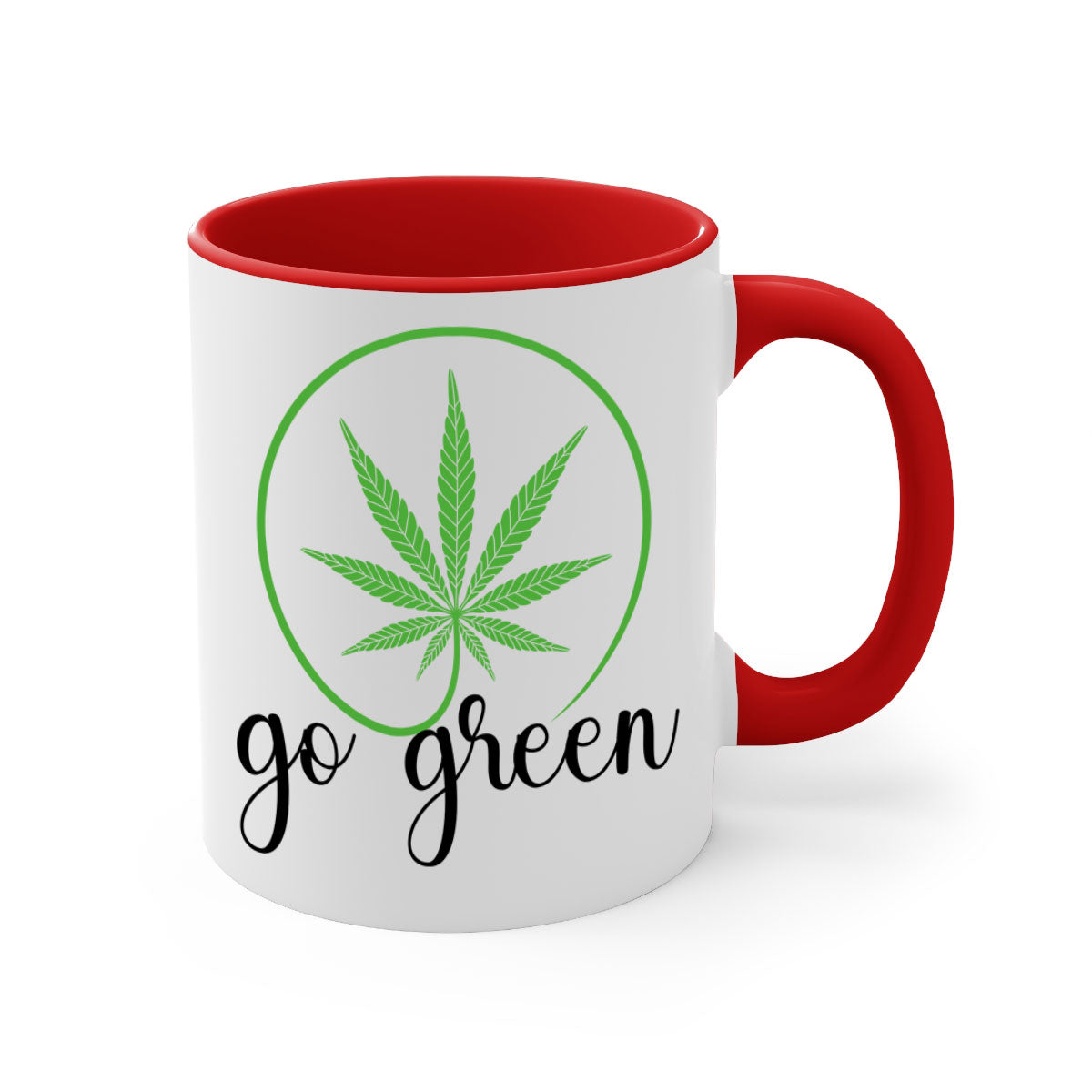 Go Green Cannabis 92# Mug featuring a two-tone design with a colored handle and glossy finish, available in multiple colors.