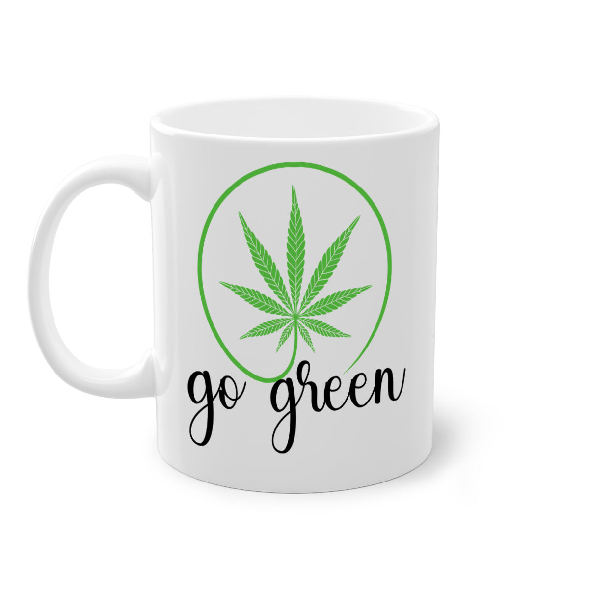 Go Green Cannabis 92# Mug featuring a two-tone design with a colored handle and glossy finish, available in multiple colors.