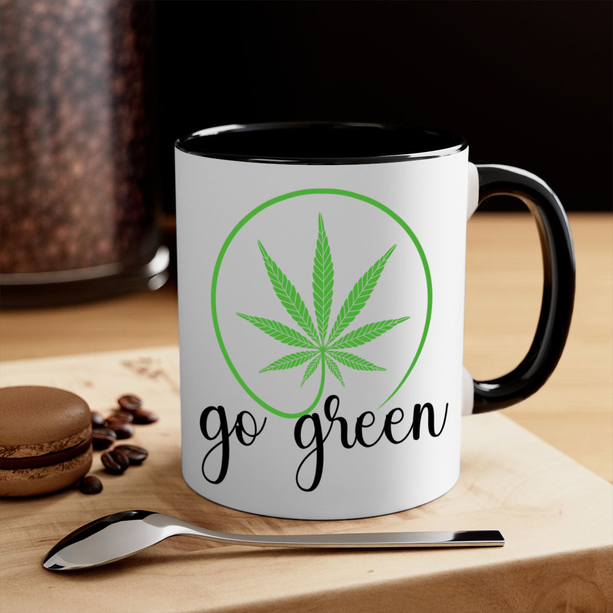 Go Green Cannabis 92# Mug featuring a two-tone design with a colored handle and glossy finish, available in multiple colors.