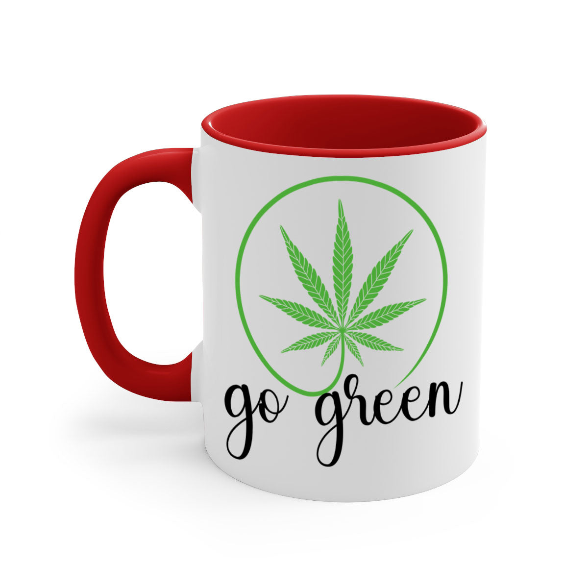 Go Green Cannabis 92# Mug featuring a two-tone design with a colored handle and glossy finish, available in multiple colors.