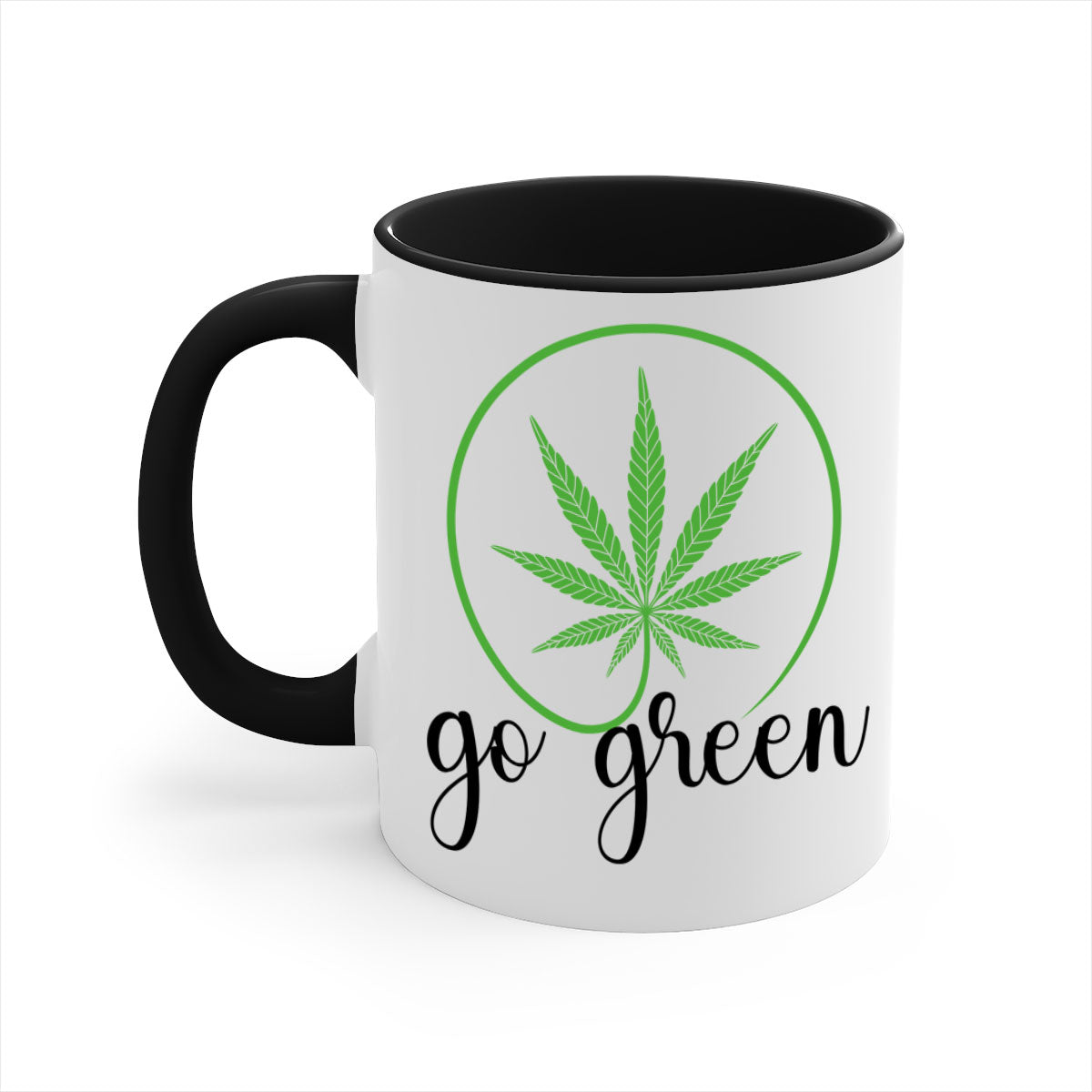 Go Green Cannabis 92# Mug featuring a two-tone design with a colored handle and glossy finish, available in multiple colors.