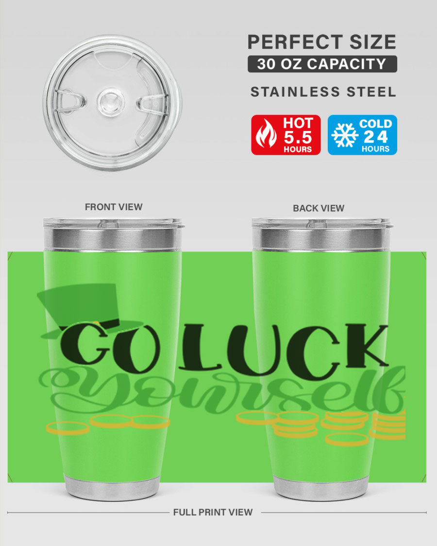 Go Lucky Yourself Style 98# St. Patrick's Day tumbler, featuring a festive design and double wall vacuum insulation.