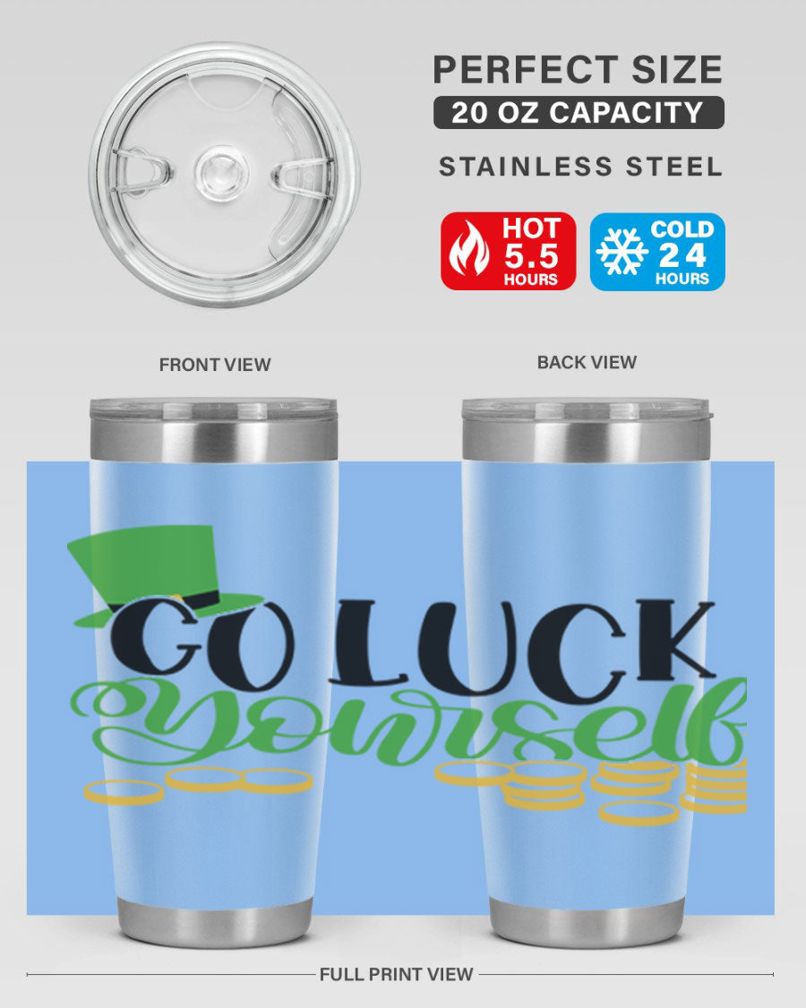 Go Lucky Yourself Style 98# St. Patrick's Day tumbler, featuring a festive design and double wall vacuum insulation.