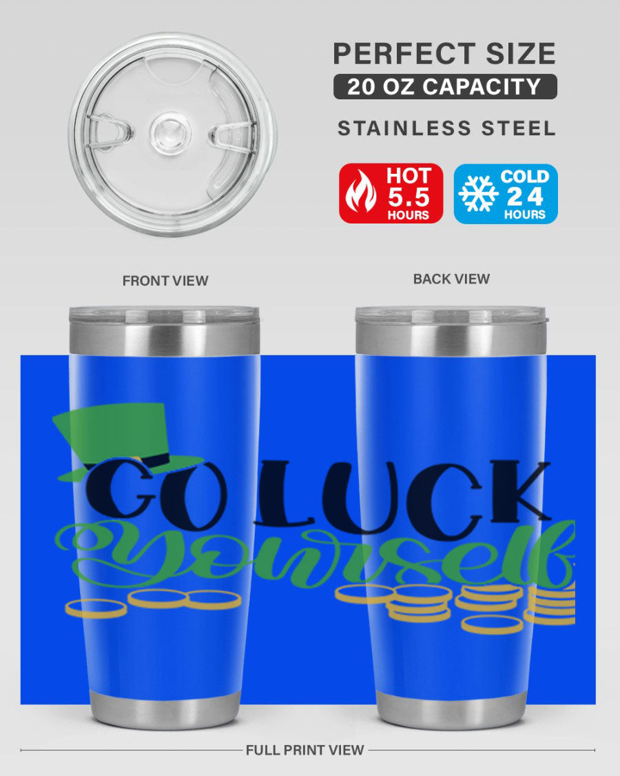 Go Lucky Yourself Style 98# St. Patrick's Day tumbler, featuring a festive design and double wall vacuum insulation.