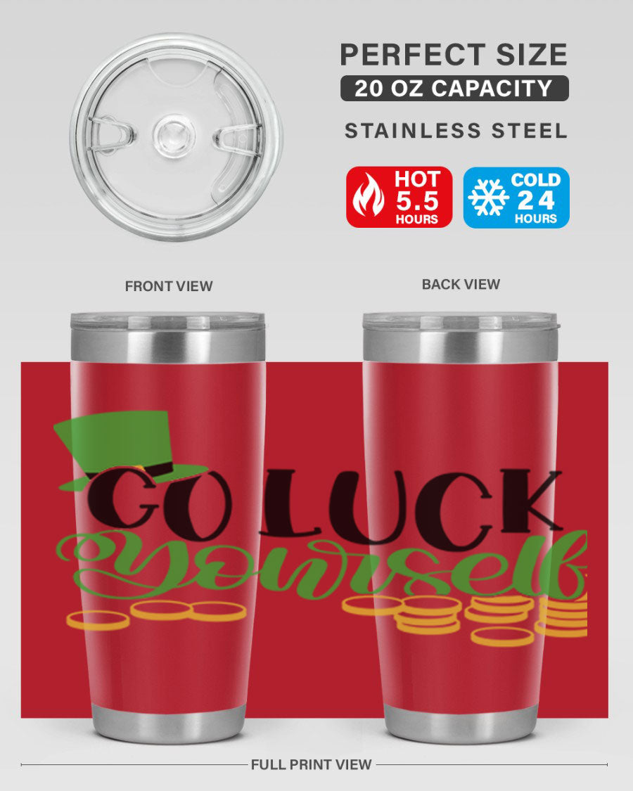 Go Lucky Yourself Style 98# St. Patrick's Day tumbler, featuring a festive design and double wall vacuum insulation.
