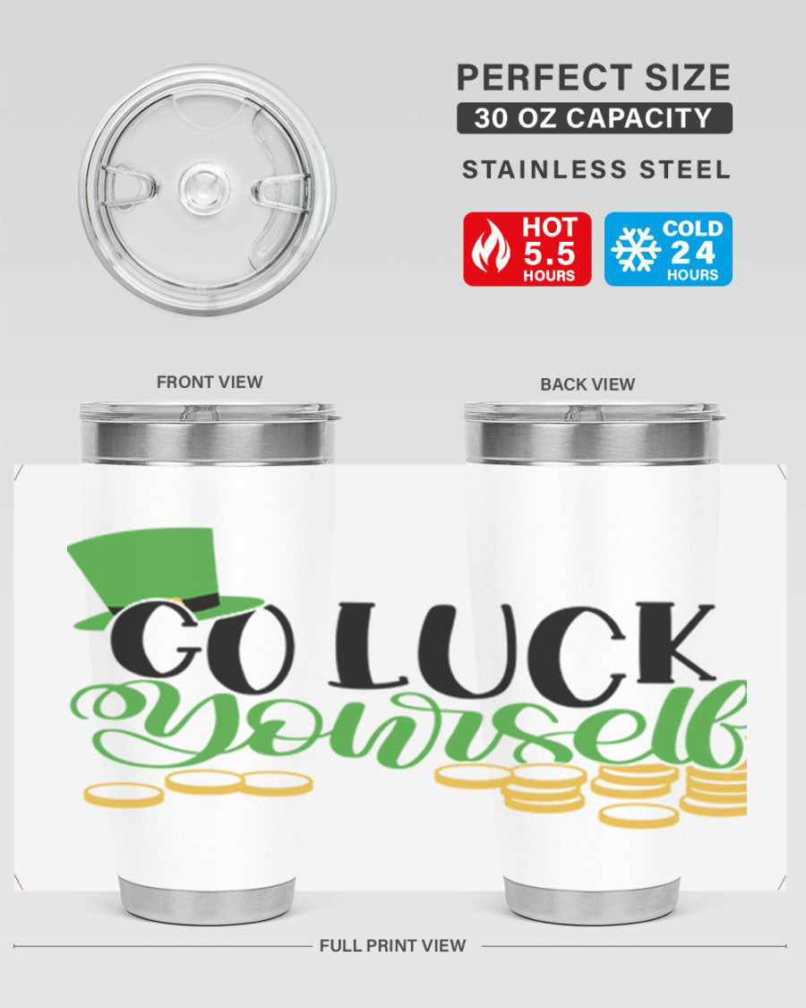 Go Lucky Yourself Style 98# St. Patrick's Day tumbler, featuring a festive design and double wall vacuum insulation.