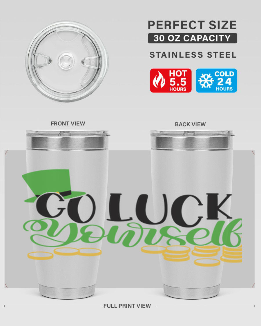 Go Lucky Yourself Style 98# St. Patrick's Day tumbler, featuring a festive design and double wall vacuum insulation.
