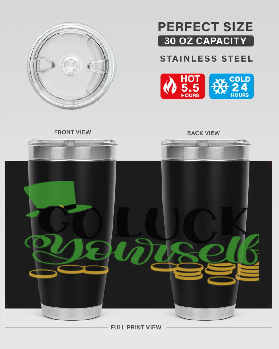 Go Lucky Yourself Style 98# St. Patrick's Day tumbler, featuring a festive design and double wall vacuum insulation.