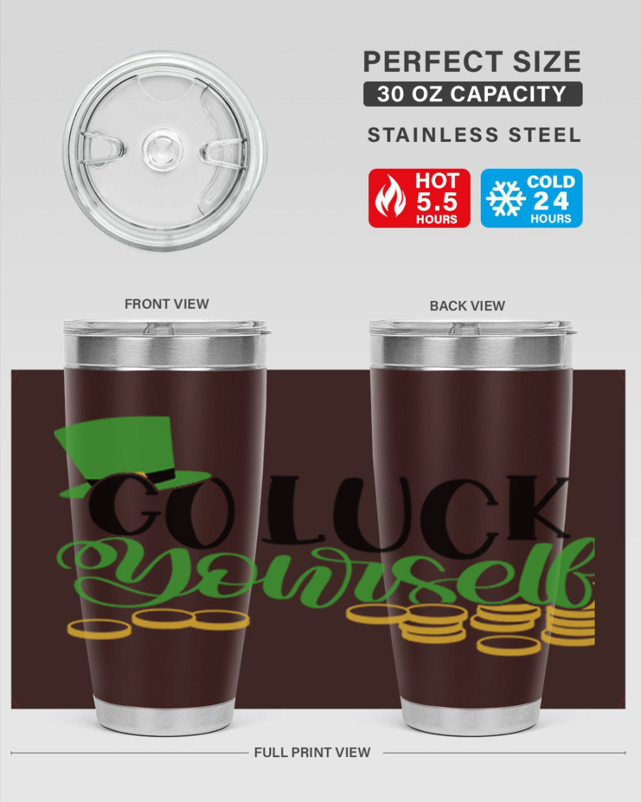 Go Lucky Yourself Style 98# St. Patrick's Day tumbler, featuring a festive design and double wall vacuum insulation.