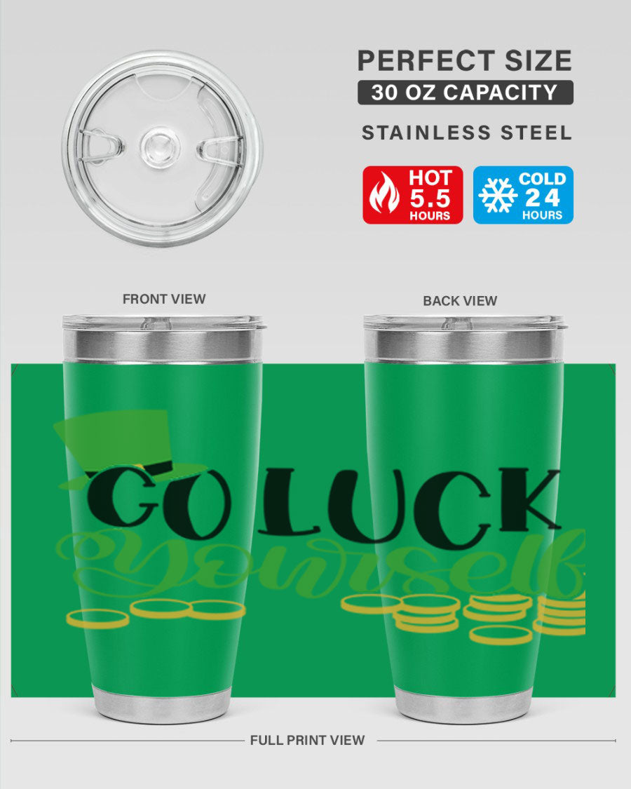 Go Lucky Yourself Style 98# St. Patrick's Day tumbler, featuring a festive design and double wall vacuum insulation.