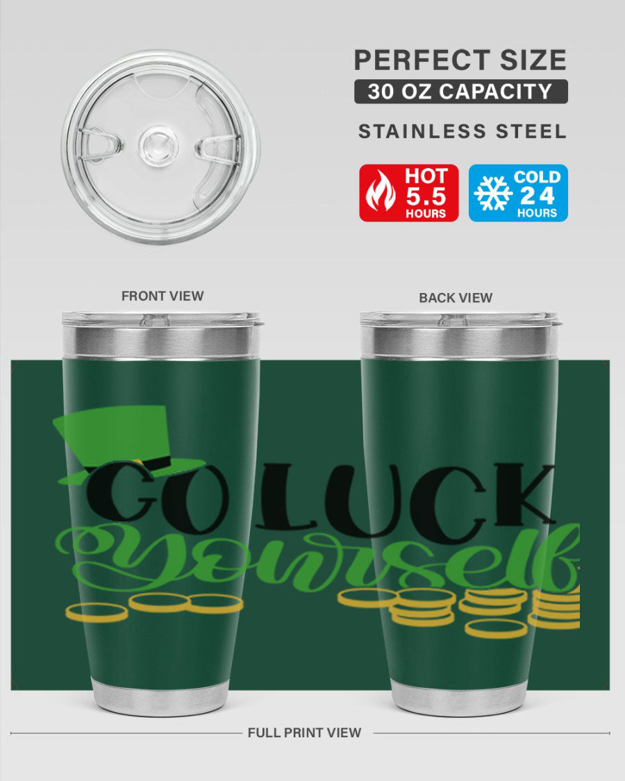 Go Lucky Yourself Style 98# St. Patrick's Day tumbler, featuring a festive design and double wall vacuum insulation.