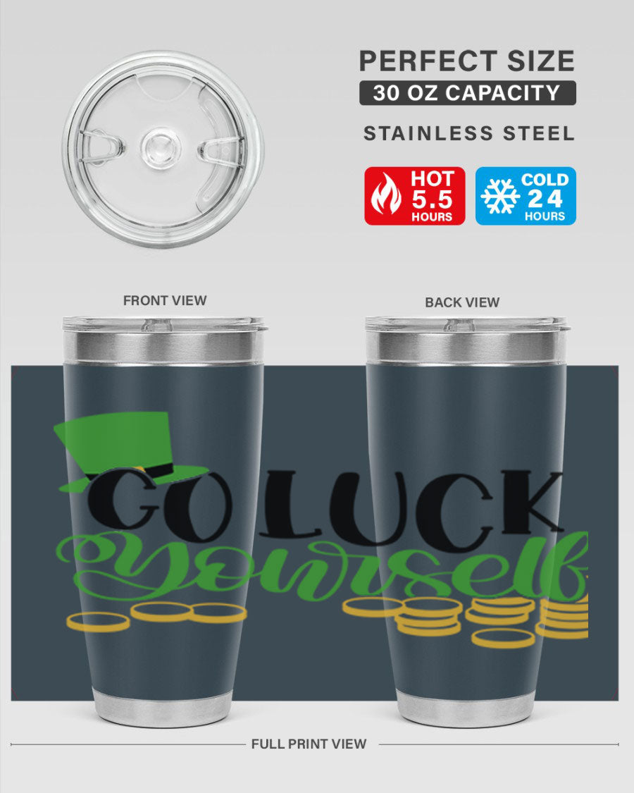 Go Lucky Yourself Style 98# St. Patrick's Day tumbler, featuring a festive design and double wall vacuum insulation.