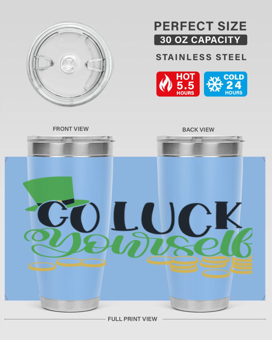 Go Lucky Yourself Style 98# St. Patrick's Day tumbler, featuring a festive design and double wall vacuum insulation.