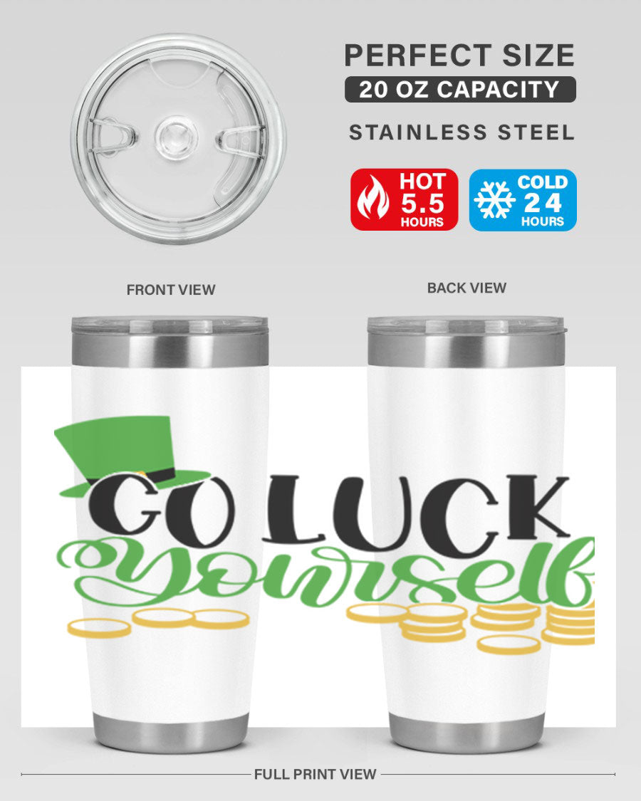Go Lucky Yourself Style 98# St. Patrick's Day tumbler, featuring a festive design and double wall vacuum insulation.