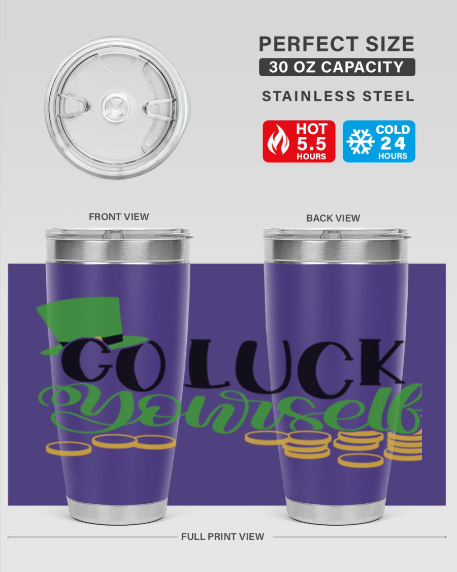 Go Lucky Yourself Style 98# St. Patrick's Day tumbler, featuring a festive design and double wall vacuum insulation.