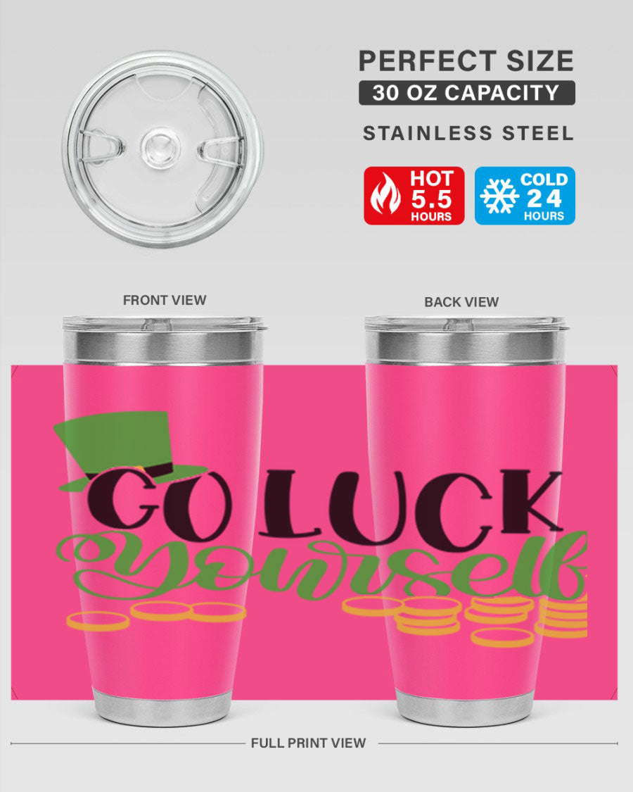 Go Lucky Yourself Style 98# St. Patrick's Day tumbler, featuring a festive design and double wall vacuum insulation.