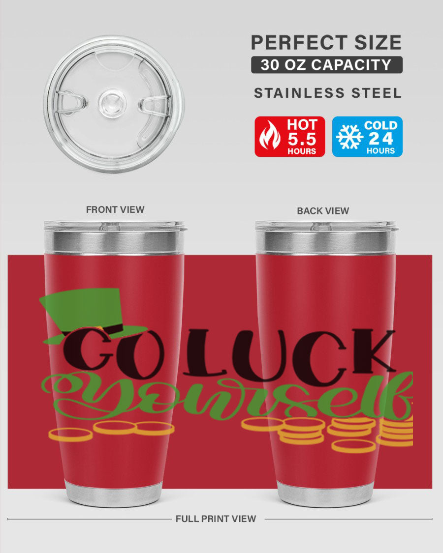 Go Lucky Yourself Style 98# St. Patrick's Day tumbler, featuring a festive design and double wall vacuum insulation.
