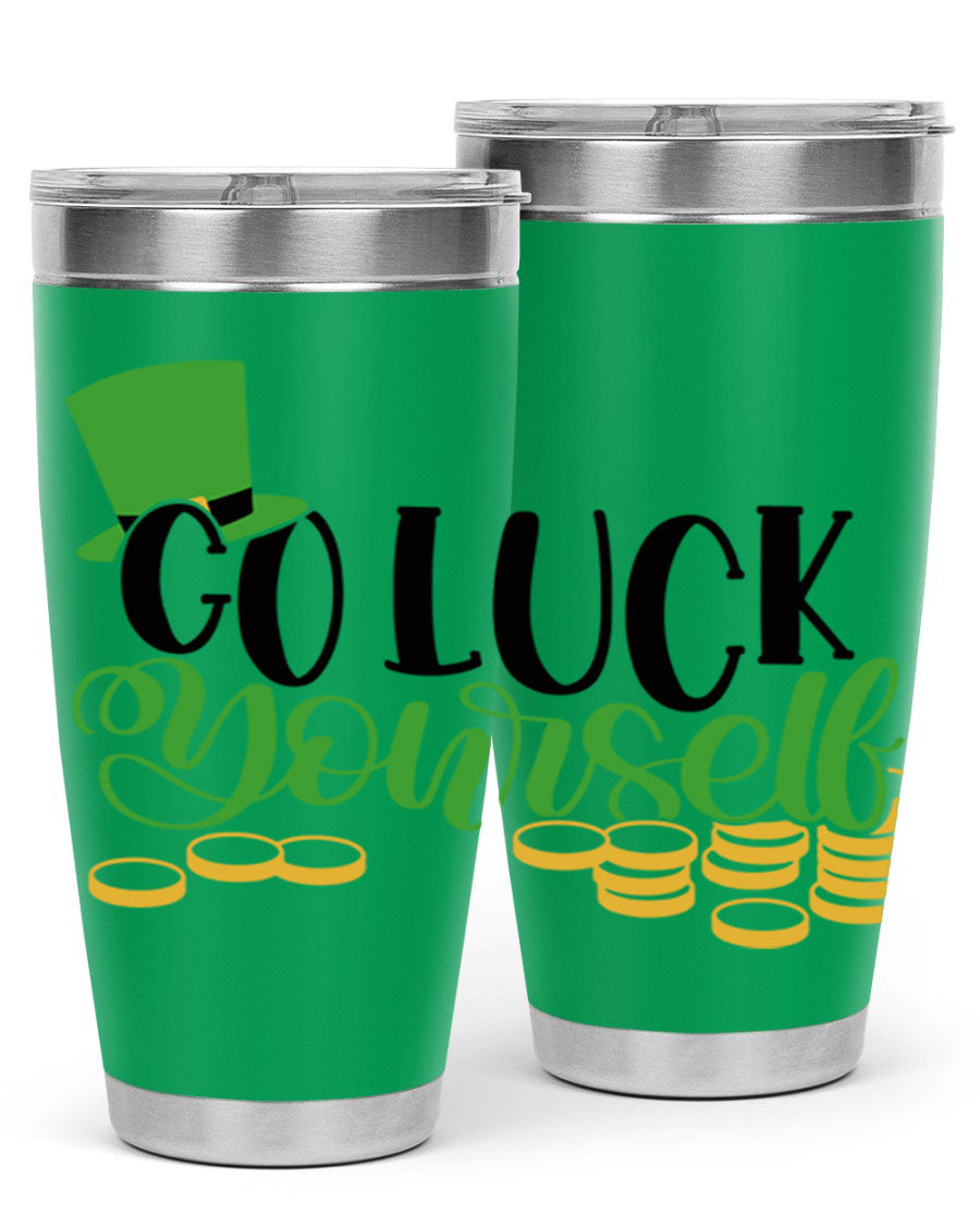 Go Lucky Yourself Style 98# St. Patrick's Day tumbler, featuring a festive design and double wall vacuum insulation.