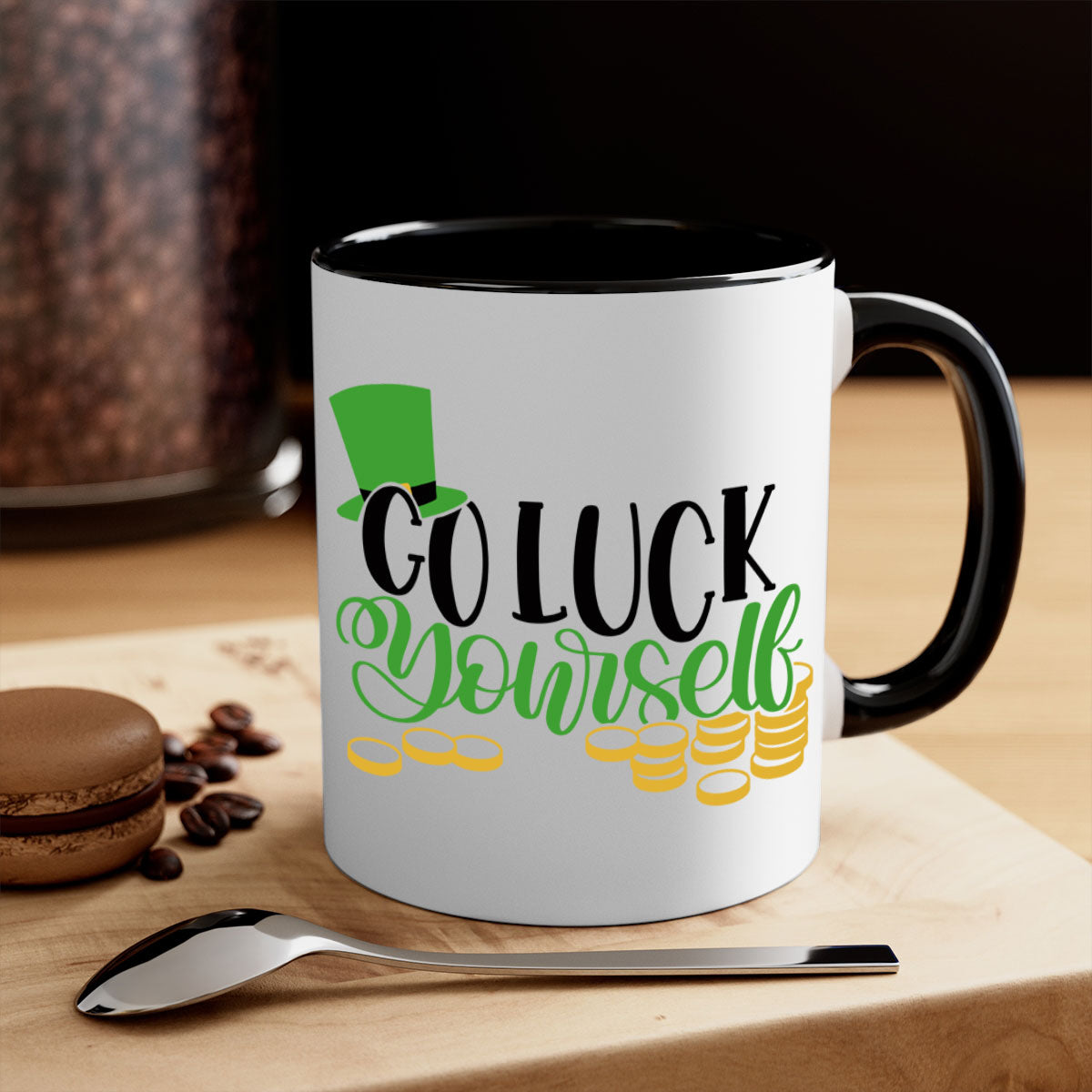 Go Lucky Yourself Style 98# Mug featuring a two-tone design with a colored handle and glossy finish, perfect for St. Patrick's Day.