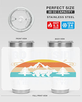 A stainless steel tumbler featuring the phrase 'Go Outside Worst Case Scenario a Bear Kills You', designed for outdoor use.