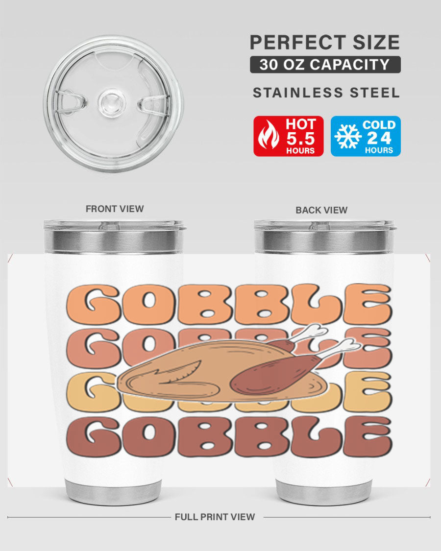 Gobble 198# 20oz Tumbler in stainless steel with a drink-thru lid, showcasing its sleek design and double wall vacuum insulation.