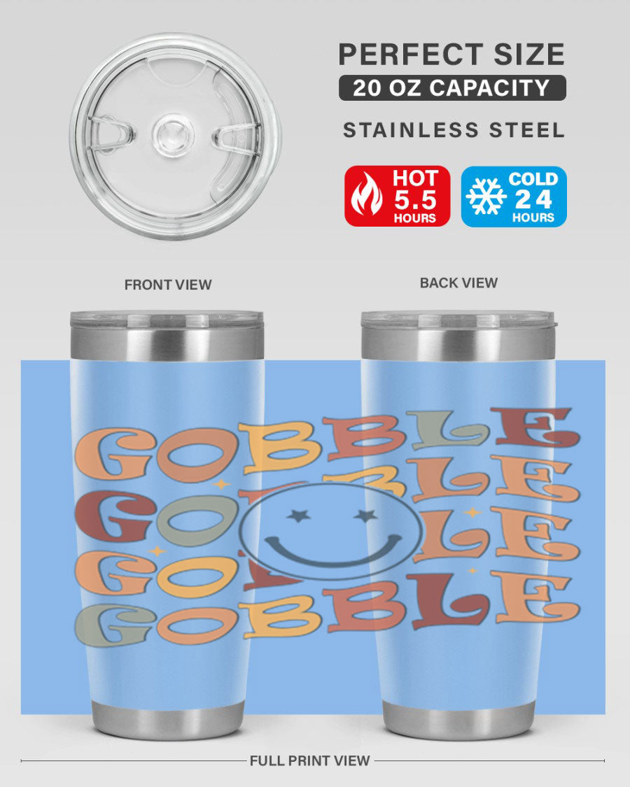Gobble 206# Fall Tumbler in stainless steel with a copper lining, featuring a drink-thru lid, perfect for hot and cold beverages.