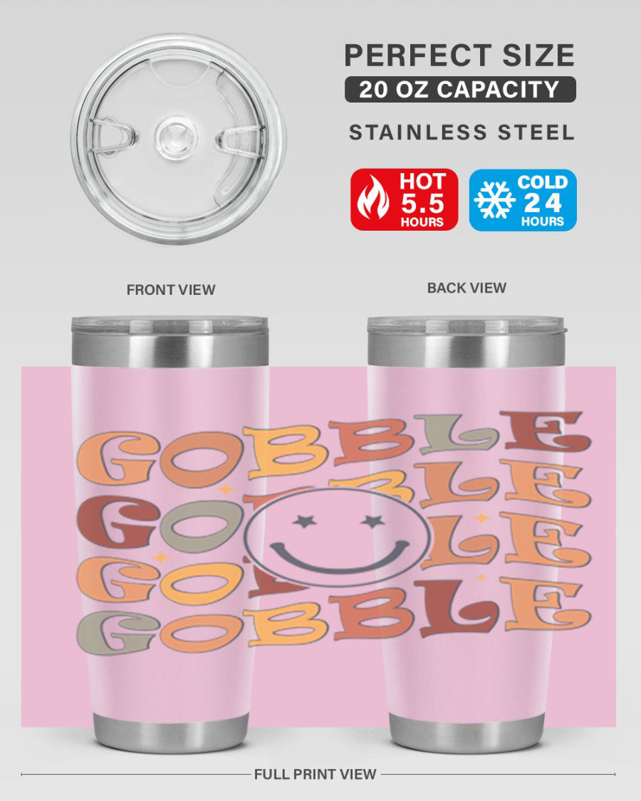 Gobble 206# Fall Tumbler in stainless steel with a copper lining, featuring a drink-thru lid, perfect for hot and cold beverages.