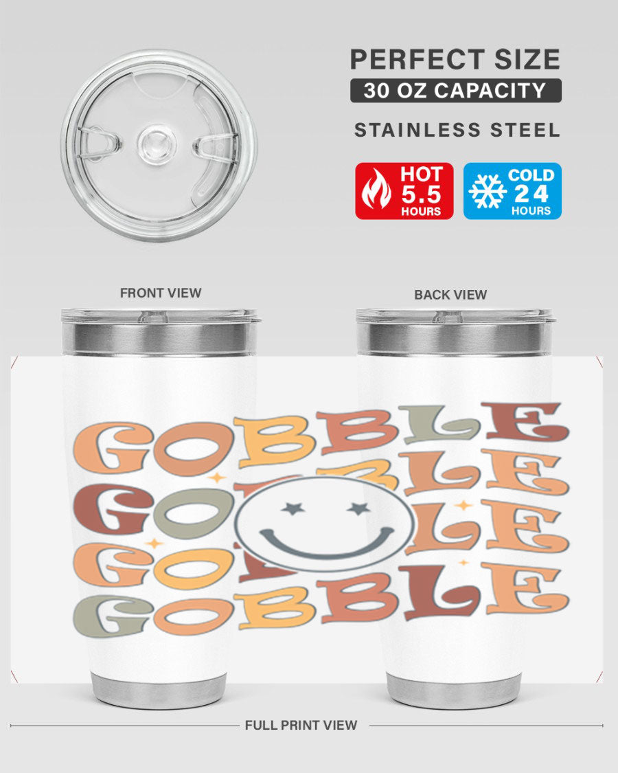 Gobble 206# Fall Tumbler in stainless steel with a copper lining, featuring a drink-thru lid, perfect for hot and cold beverages.