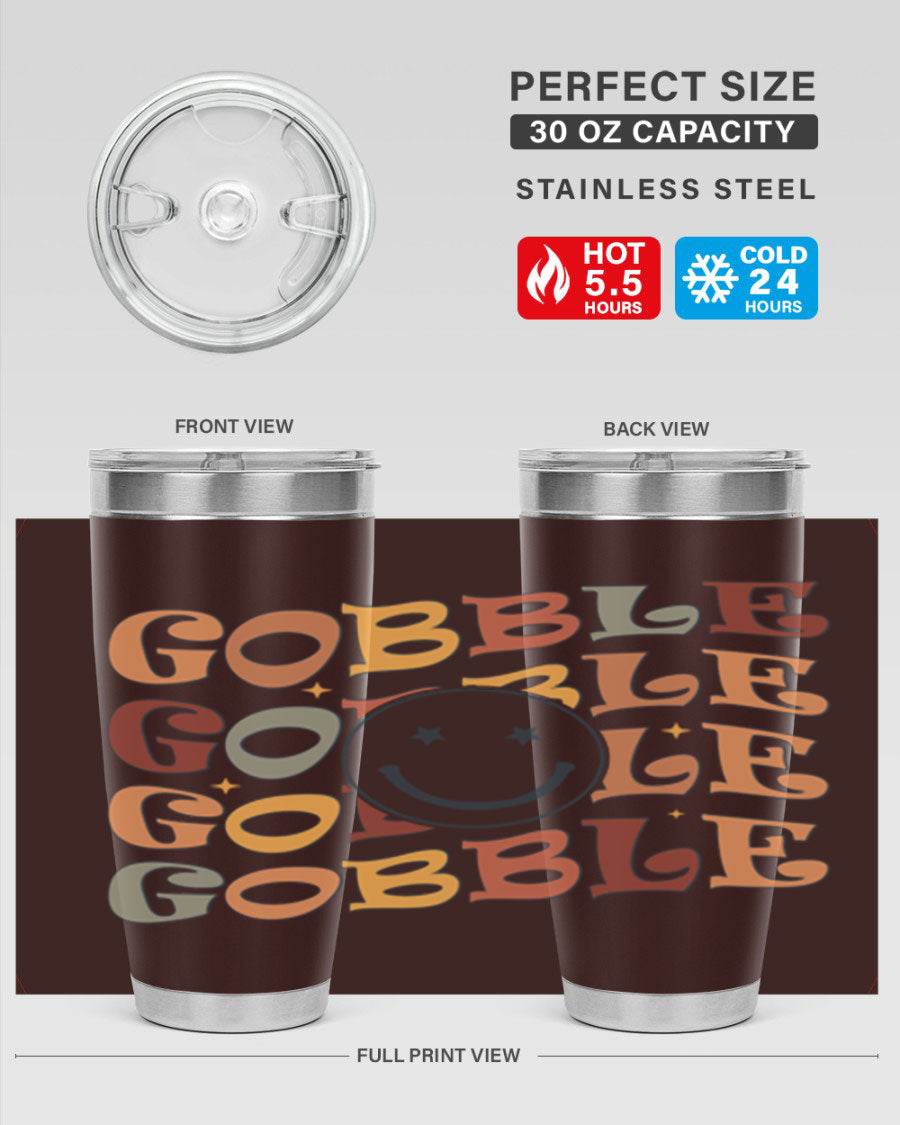Gobble 206# Fall Tumbler in stainless steel with a copper lining, featuring a drink-thru lid, perfect for hot and cold beverages.