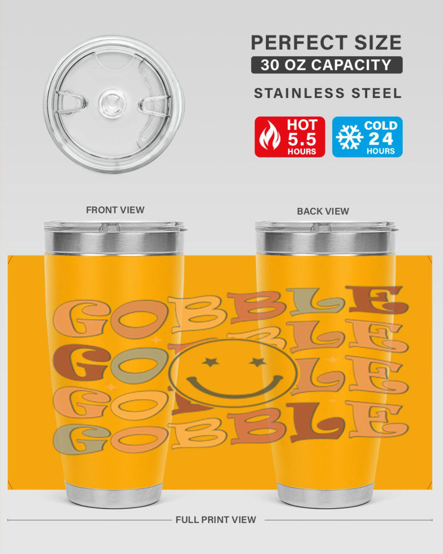 Gobble 206# Fall Tumbler in stainless steel with a copper lining, featuring a drink-thru lid, perfect for hot and cold beverages.