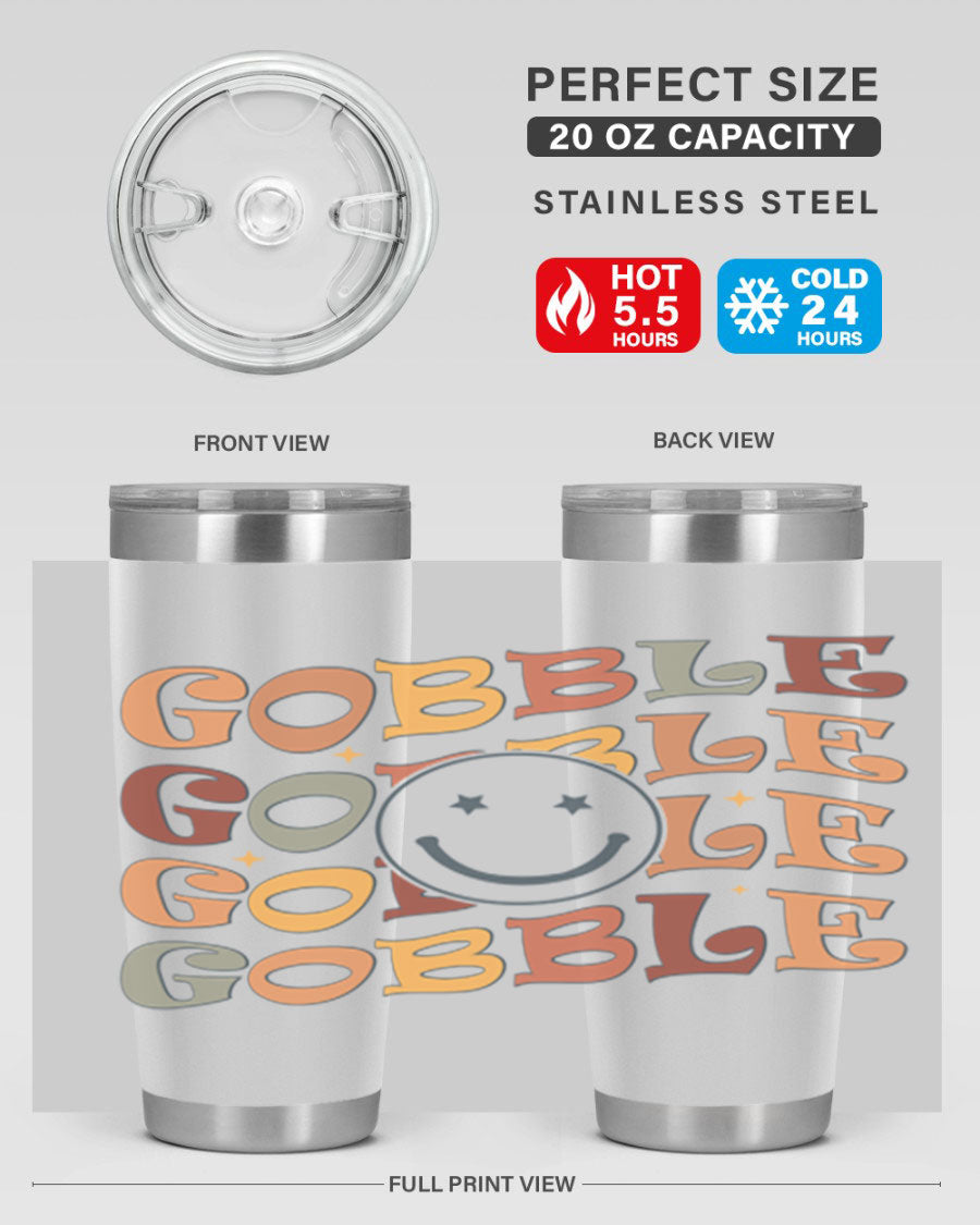 Gobble 206# Fall Tumbler in stainless steel with a copper lining, featuring a drink-thru lid, perfect for hot and cold beverages.