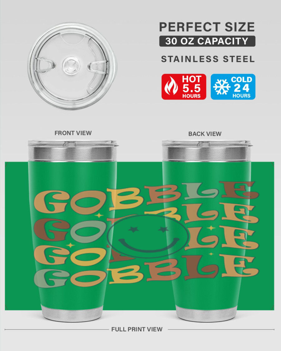 Gobble 206# Fall Tumbler in stainless steel with a copper lining, featuring a drink-thru lid, perfect for hot and cold beverages.