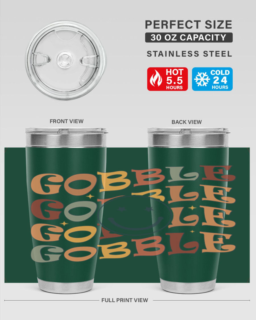 Gobble 206# Fall Tumbler in stainless steel with a copper lining, featuring a drink-thru lid, perfect for hot and cold beverages.