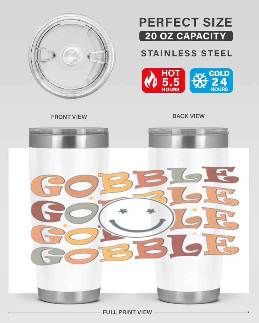 Gobble 206# Fall Tumbler in stainless steel with a copper lining, featuring a drink-thru lid, perfect for hot and cold beverages.