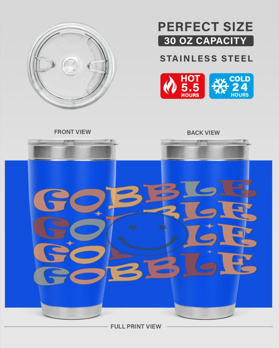 Gobble 206# Fall Tumbler in stainless steel with a copper lining, featuring a drink-thru lid, perfect for hot and cold beverages.