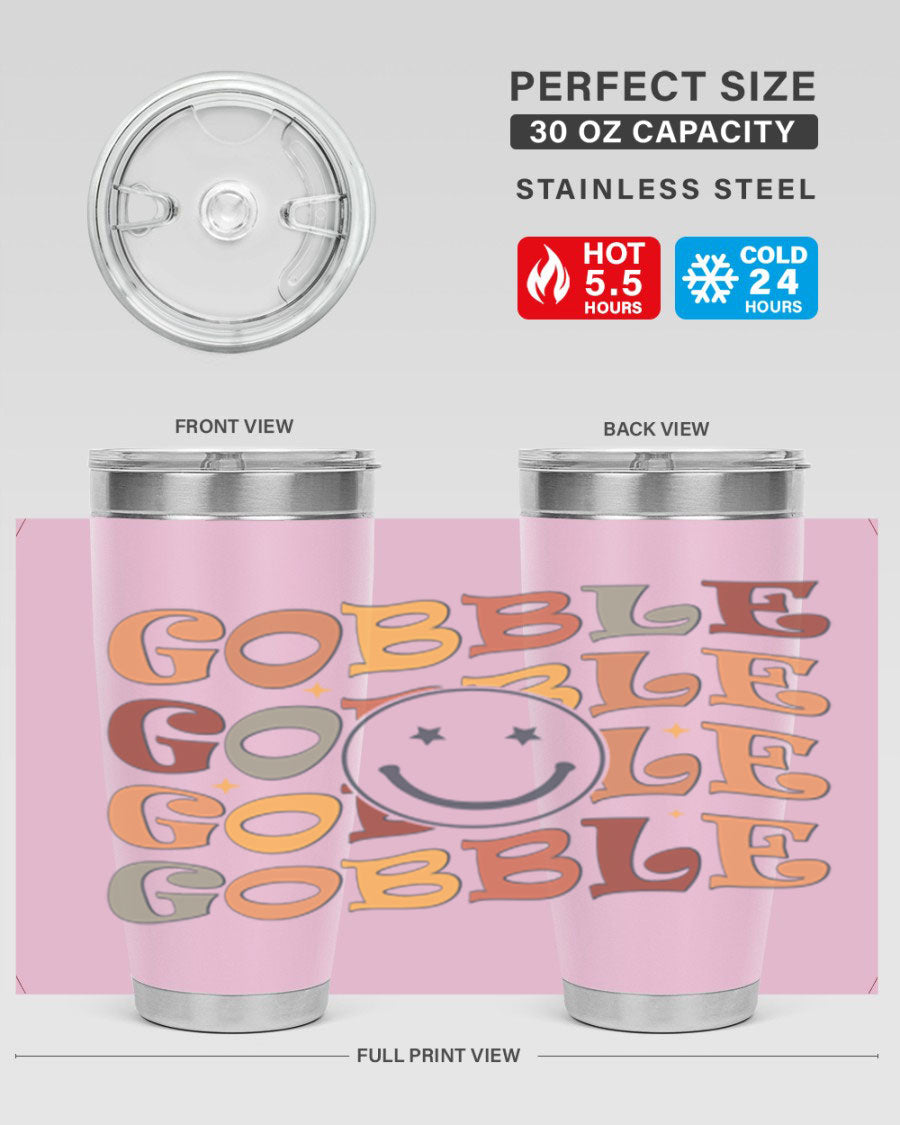 Gobble 206# Fall Tumbler in stainless steel with a copper lining, featuring a drink-thru lid, perfect for hot and cold beverages.