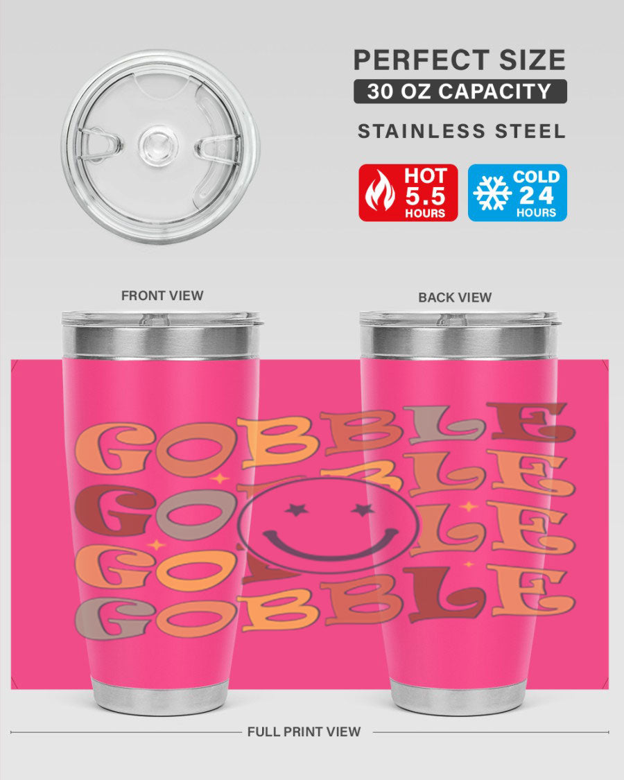 Gobble 206# Fall Tumbler in stainless steel with a copper lining, featuring a drink-thru lid, perfect for hot and cold beverages.