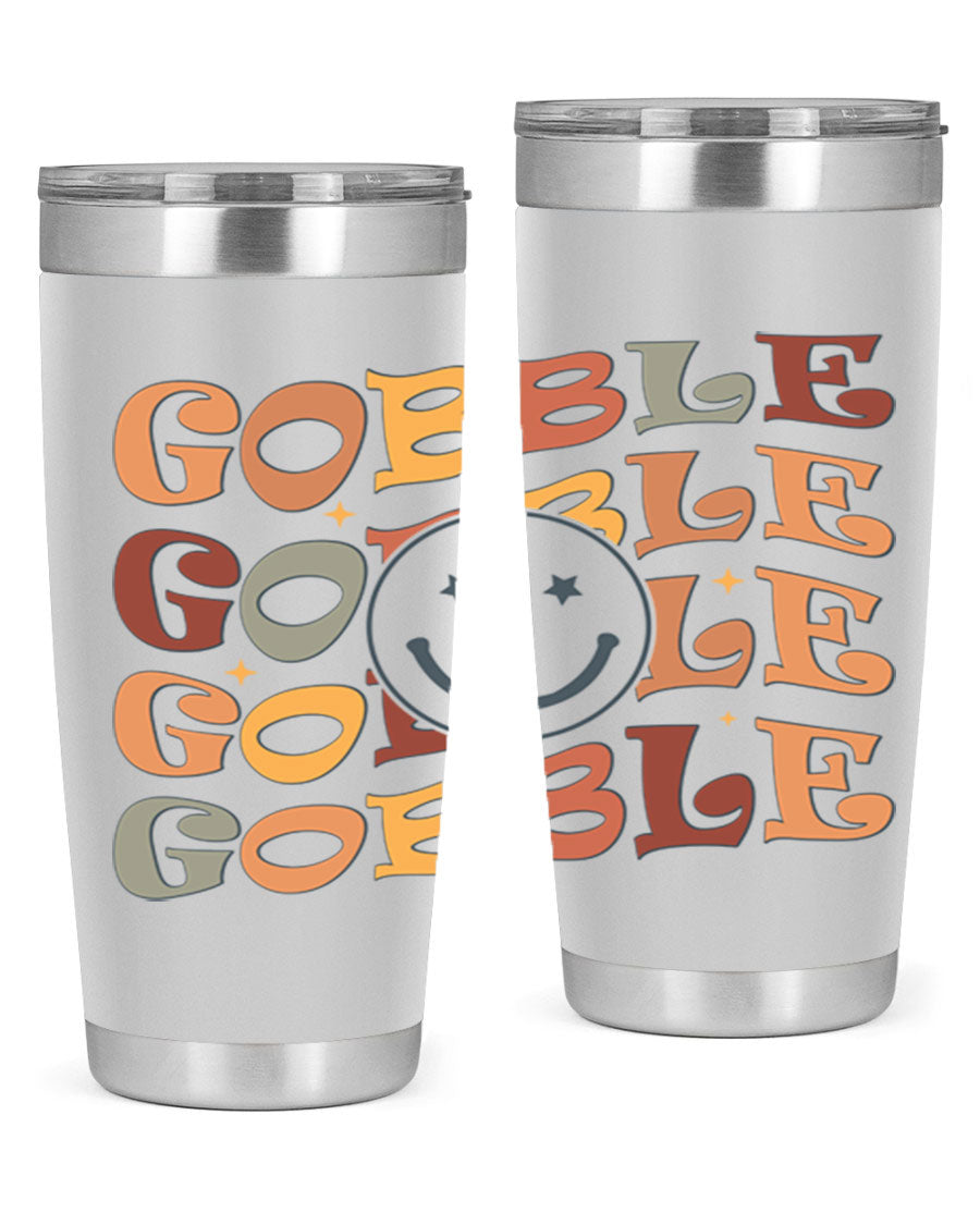 Gobble 206# Fall Tumbler in stainless steel with a copper lining, featuring a drink-thru lid, perfect for hot and cold beverages.