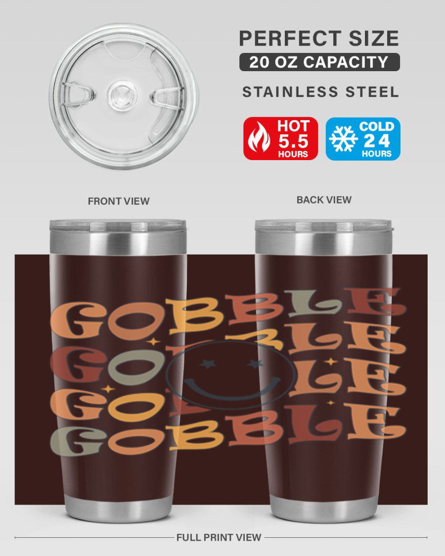 Gobble 206# Fall Tumbler in stainless steel with a copper lining, featuring a drink-thru lid, perfect for hot and cold beverages.