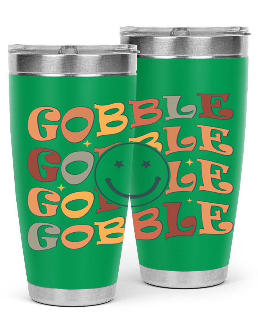 Gobble 206# Fall Tumbler in stainless steel with a copper lining, featuring a drink-thru lid, perfect for hot and cold beverages.