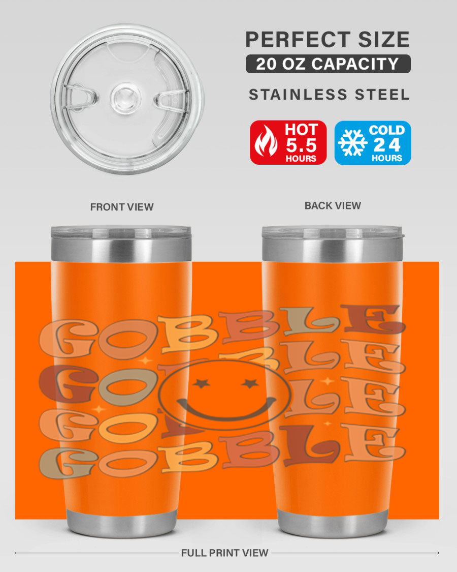 Gobble 206# Fall Tumbler in stainless steel with a copper lining, featuring a drink-thru lid, perfect for hot and cold beverages.
