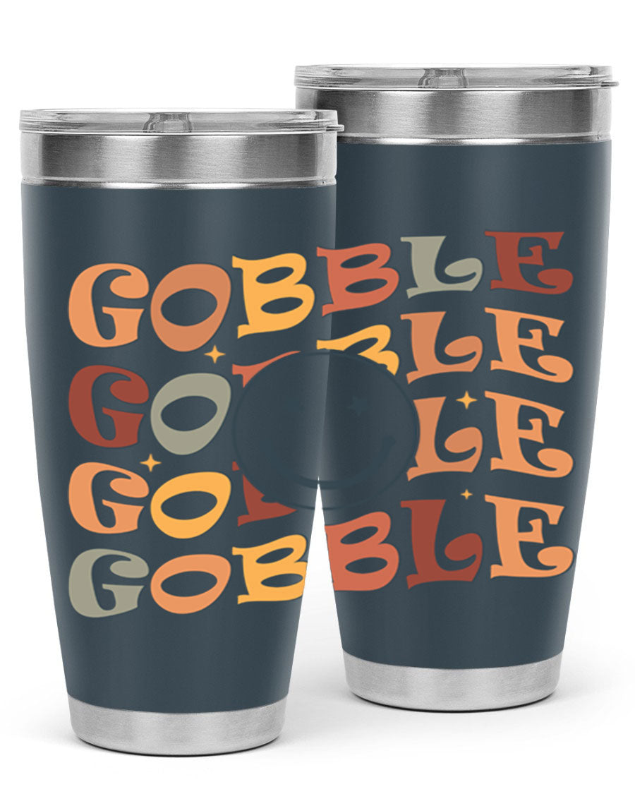 Gobble 206# Fall Tumbler in stainless steel with a copper lining, featuring a drink-thru lid, perfect for hot and cold beverages.