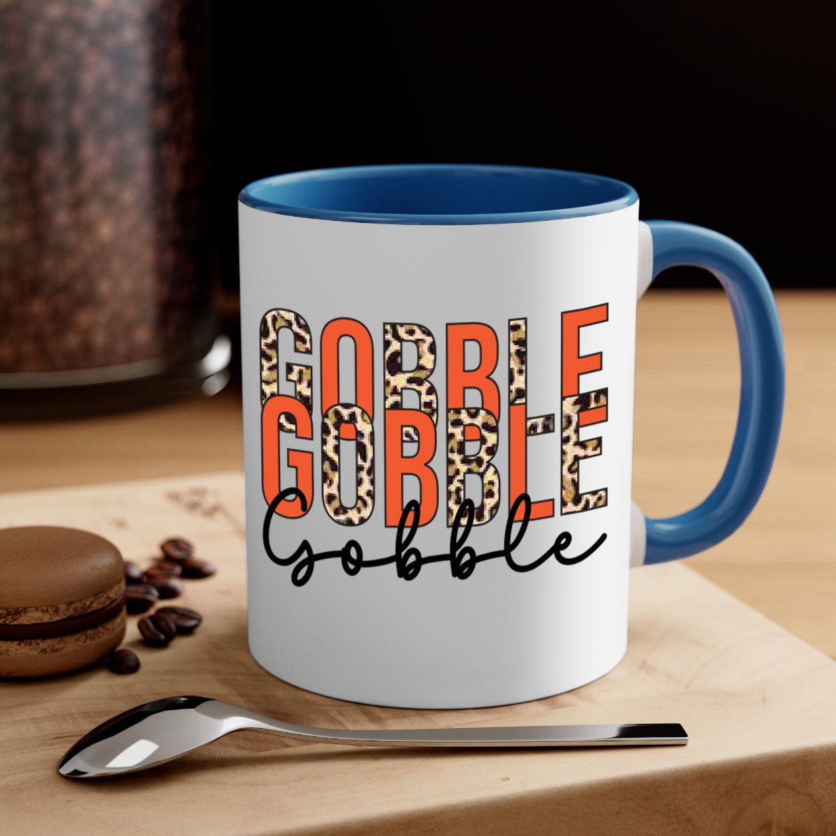 Gobble gobble 199# Mug featuring a glossy finish, colored handle, and interior, available in multiple colors and sizes.