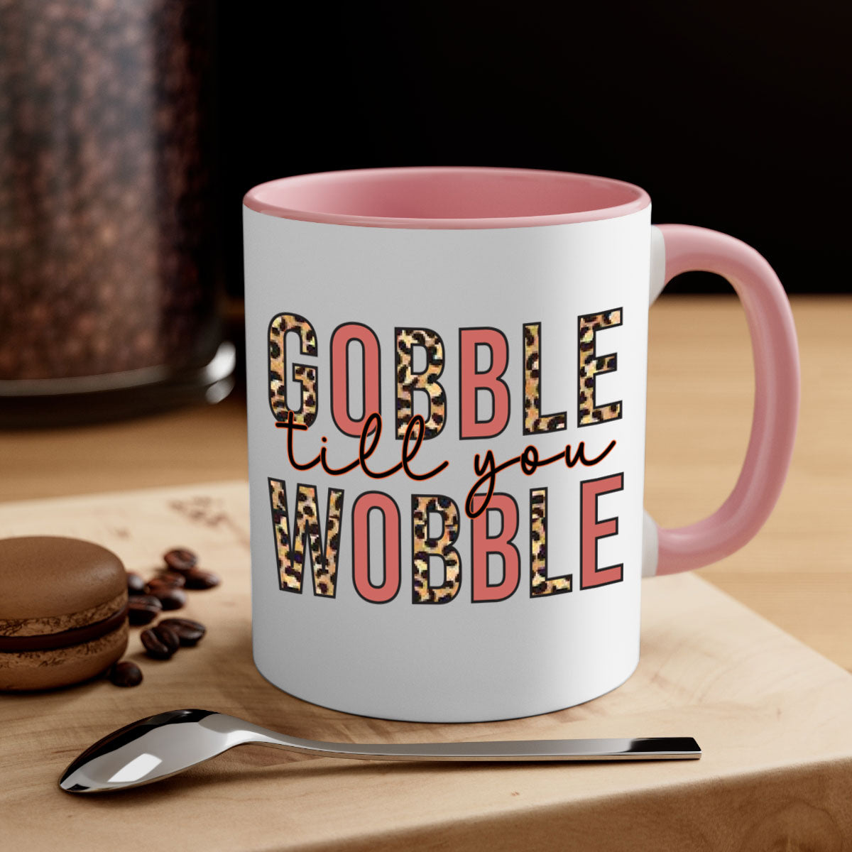 Gobble till you wobble 202# Mug featuring a two-tone design with a colored handle and glossy finish, available in multiple colors.